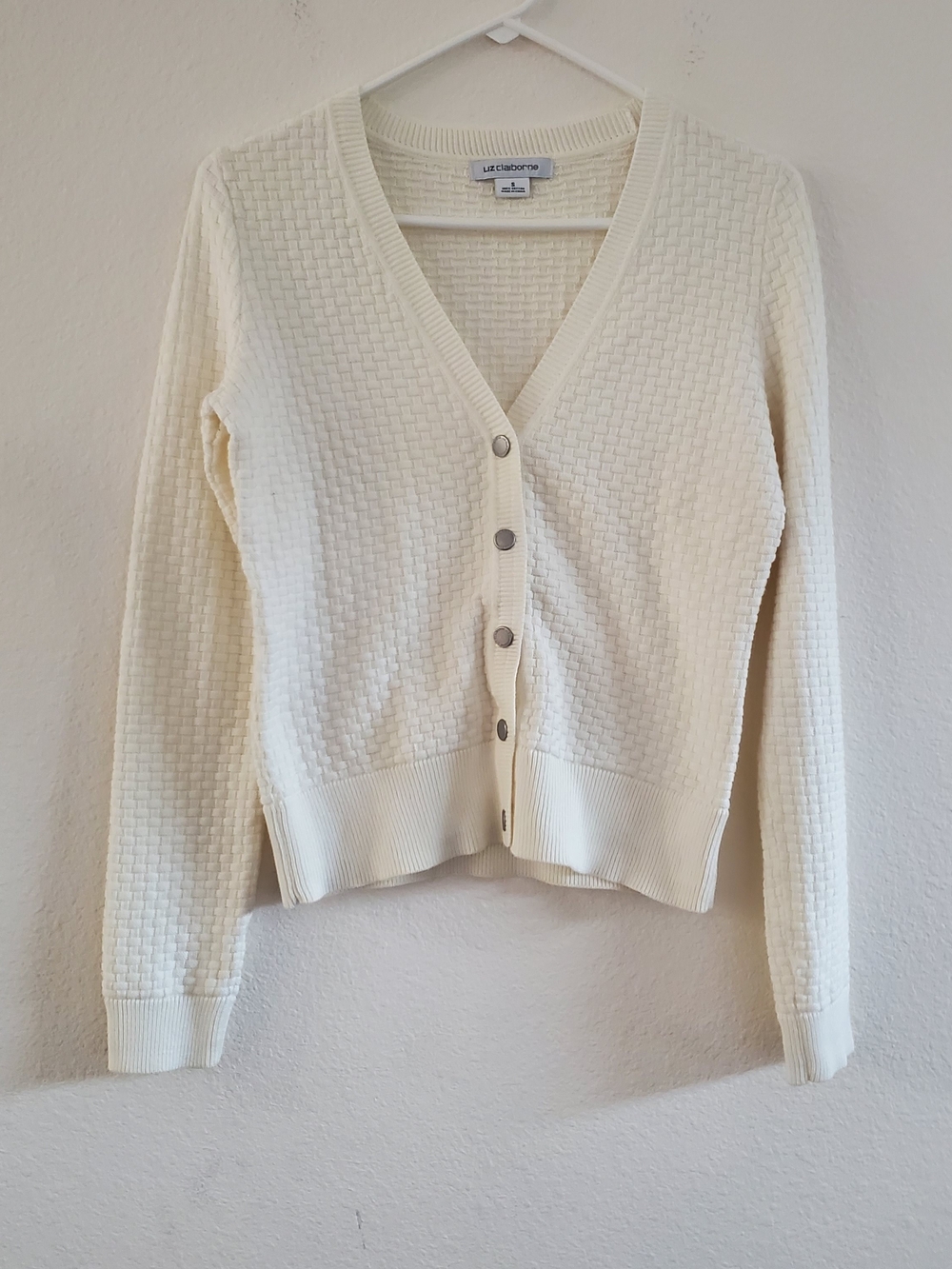 Liz Claiborne Ivory Textured V-Neck Button Cardigan 100% Cotton
